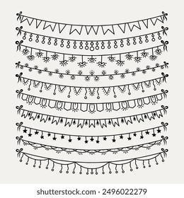 Conjunto de Anuncios de Bunting dibujado a mano. Diseños en blanco y negro, decorativos y festivos. Ideal para invitaciones de fiesta, álbumes de recortes y proyectos de bricolaje.