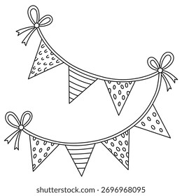 Handdrawn bunting flags with various patterns and bows, isolated on a vector illustration