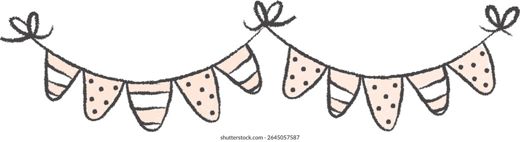Hand-drawn bunting garland with polka dots and stripes in a playful style. Festive flags connected by bows create a cheerful decoration. Cartoon vector illustration.