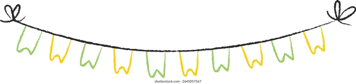Garland de bunting desenhado à mão com pequenas bandeiras e arcos em um estilo lúdico. Corda flâmula festiva com elementos decorativos e extremidades amarradas. Ilustração de vetor de desenhos animados.