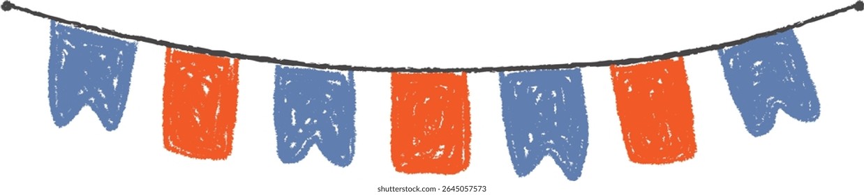 Hand-drawn bunting garland with textured flags in a festive style. Sketched pennants hang on a string creating a celebratory vibe. Cartoon vector illustration.