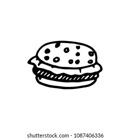 Handdrawn burger doodle icon. Hand drawn black sketch. Sign symbol. Decoration element. White background. Isolated. Flat design. Vector cartoon illustration.