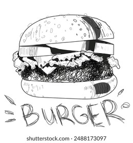 Hand-Drawn Burger Illustration - Sketch Style Fast Food Design