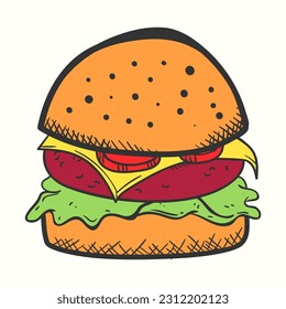 Hand-drawn burger illustration with tomato cheese meat and salad in doodle style