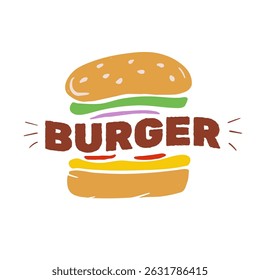 Hand-drawn burger logo with bold text, perfect for restaurant branding, menu design, food packaging, advertising, café decor, stickers, or digital content.