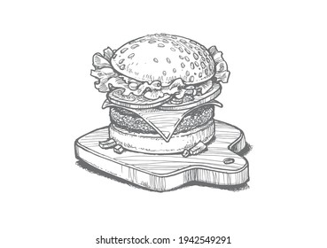 hand-drawn burger on a cutting board, vector image