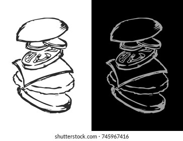 hand-drawn burger. Burger parsed by parts vector illustration. template for menus and fast food restaurants