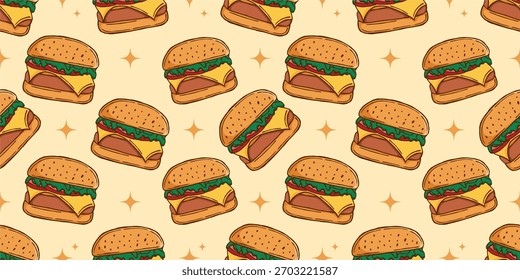 hand-drawn burger seamless pattern with stars on a light yellow background. Perfect for wallpaper, wrapping paper, textiles, and various design projects
