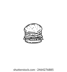 A hand-drawn burger with two cutlets. Vector illustration. Hand drawn, not AI