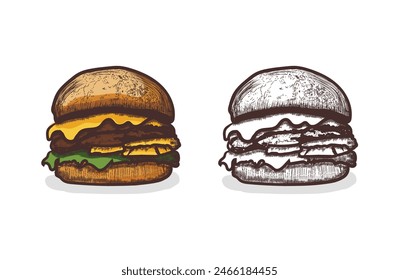 A hand-drawn burger vector illustration. Hand drawing sketch engraving illustration style burger design. Delicious hamburger art.