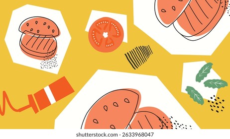 Hand-drawn burgers, tomatoes, greens, and ketchup on a yellow base. Great for diner branding, burger joints, and retro fast food designs.