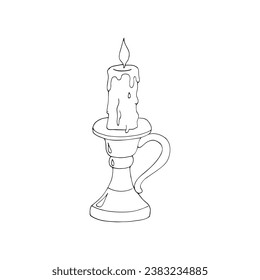 Hand-drawn burning candle in candlestick. Isolated vector illustration.
