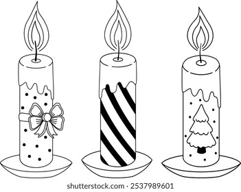 Hand-drawn burning candles, a set of sketches. A collection of candles with patterns, suitable for New Year, holidays, winter, season, a collection of vector design in black and white style