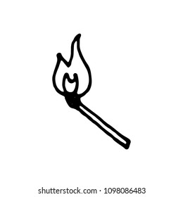 Handdrawn burning match doodle icon. Hand drawn black sketch. Sign symbol. Decoration element. White background. Isolated. Flat design. Vector illustration.