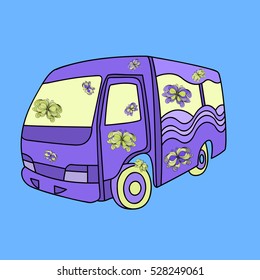 Hand-drawn bus in doodle art style. Hippie vintage minivan. Colorful decoration for cards, wedding invitations, congratulations, poster, banner. Template for coloring books.