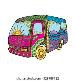 Hand-drawn bus in doodle art style. Hippie vintage minivan. Colorful decoration for cards, wedding invitations, congratulations, poster, banner. Template for coloring books.