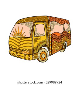 Hand-drawn bus in doodle art style. Hippie vintage minivan. Colorful decoration for cards, wedding invitations, congratulations, poster, banner. Template for coloring books.