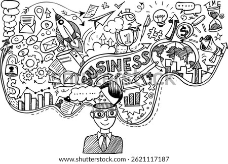 
Hand-drawn business background with doodles. Vector illustration of business-themed sketch elements.