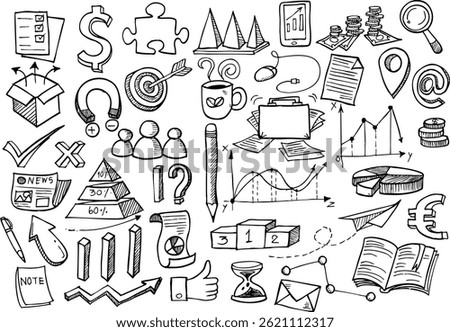 Hand-drawn business doodle set. Vector illustration of business elements in doodle style.