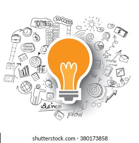 hand-drawn business doodles set and light bulb infographic concept. Vector illustration