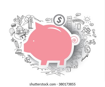 hand-drawn business doodles set and piggy bank. Vector illustration