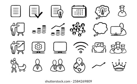 Hand-drawn business and education icons set. Includes finance, teamwork, presentation, online learning, growth, networking, technology, and success symbols