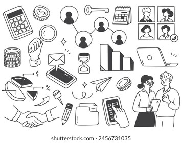 Hand-Drawn Business and Finance Doodle Icons Set in Black and White - Vector Illustration for Office, Management, and Marketing Concepts