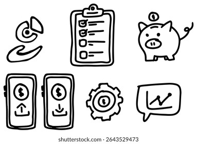 Hand-drawn business icons depicting finance growth strategy planning checklist piggy bank financial report mobile apps workflow process management