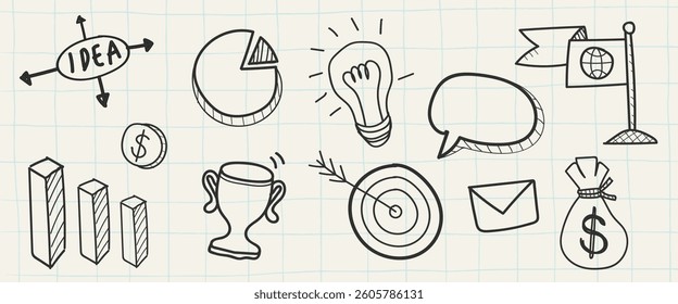 Hand-drawn business icons: idea, chart, trophy, target, money. Sketch style, creative symbols for business concepts and planning. Simple, doodle design. Business startup illustrations, vector set.