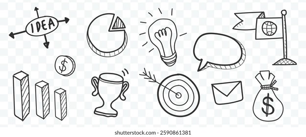 Hand-drawn business icons including charts, trophy, light bulb, and money bag. Sketch style business symbols for ideas and success. Creative business doodles. Business startup illustrations, vectors.