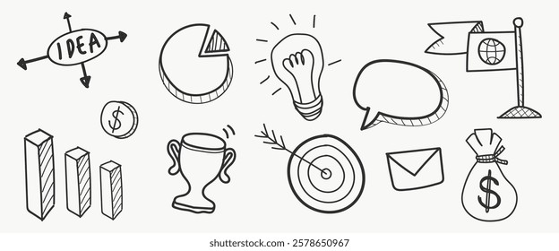 Hand-drawn business icons including idea bulb, pie chart, trophy, target, and money bag. Simple and creative sketches for business concepts and ideas. Business startup illustrations, element vectors.