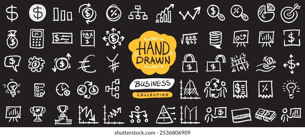 Hand-drawn Business icons set, collection art design showcasing different shapes, vector illustration.