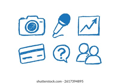 Handdrawn Business and Media Icons in Doodle Style. Sketchy Digital Communication Icons Camera, Mic. Doodle Corporate Elements Payment, Chat, Analytics, Team.