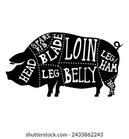 Hand-drawn butcher cuts scheme. Pork meat cuts. Butchery. Grill