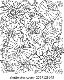 Hand-drawn. Butterflies and flowers pattern. Doodle design for a coloring book or background decorative. Relaxation for adults and kids. Vector Illustration.