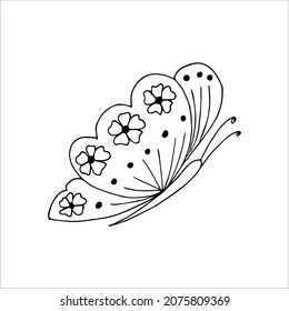 Hand-drawn butterfly doodle element for coloring, invitation, postcard. Black and white vector image