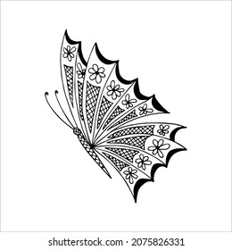 Hand-drawn butterfly doodle element for coloring, invitation, postcard. Black and white vector image