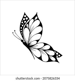 Hand-drawn butterfly doodle element for coloring, invitation, postcard. Black and white vector image