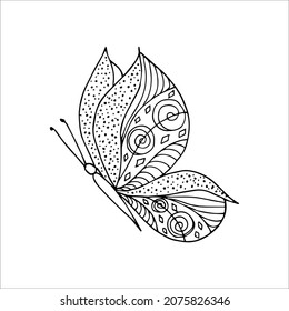 Hand-drawn butterfly doodle element for coloring, invitation, postcard. Black and white vector image