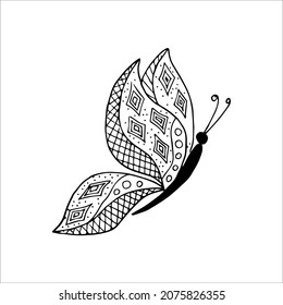 Hand-drawn butterfly doodle element for coloring, invitation, postcard. Black and white vector image