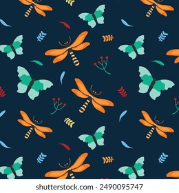 Hand-Drawn Butterfly and Dragonfly Seamless Pattern - Unique Illustrative Design