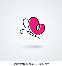 Hand-drawn butterfly with a heart's shape wings. Vector symbol