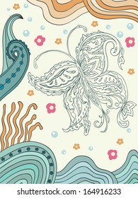 Hand-drawn  butterfly on abstract background. Vector illustration