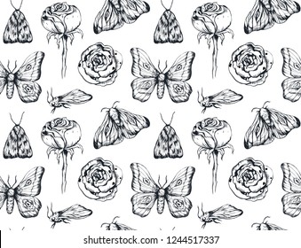 Handdrawn butterfly seamless pattern with flowers