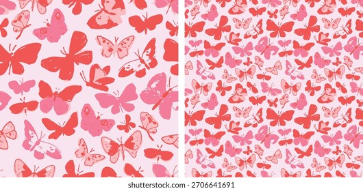 Hand-Drawn Butterfly Seamless Pattern Set, Pink and Red Vector Insects