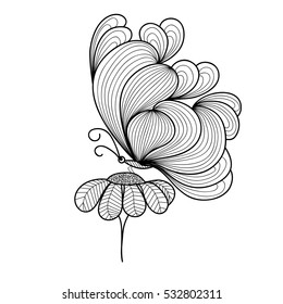 Hand-drawn butterfly sitting on a flower in doodle art style. Black and white decoration for cards, wedding invitations, congratulations, poster, banner, tattoo. Template for coloring books.