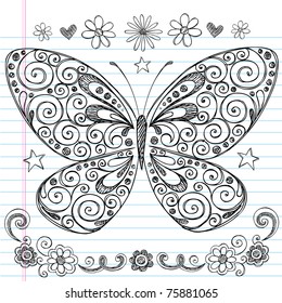 Hand-Drawn Butterfly Sketchy Notebook Doodle Design Elements with Swirls and Flowers- Vector Illustration on Lined Sketchbook Paper Background