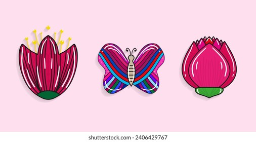 hand-drawn butterfly,flowers doodle,cartoon colorful vector set