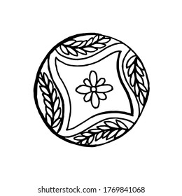 Hand-drawn button with flowers / leaflets. Black and white vector image. Idea for logo, tag, icon, print, coloring. Isolated on white background