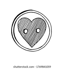 Hand-drawn button with heart. Black and white vector image. Idea for logo, tag, icon, print, coloring. Isolated on white background